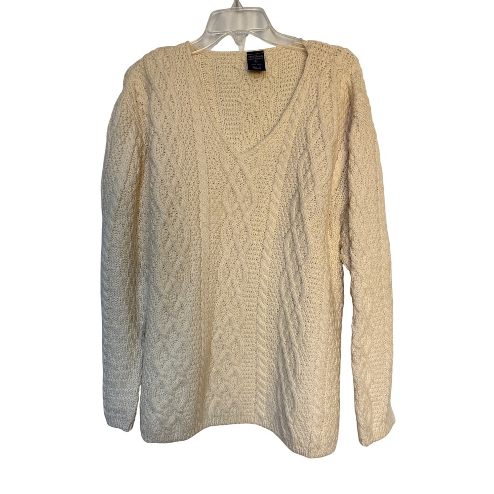 Paul‎ James England Wool Cable Knit V Neck Sweater Cream Ivory 2X